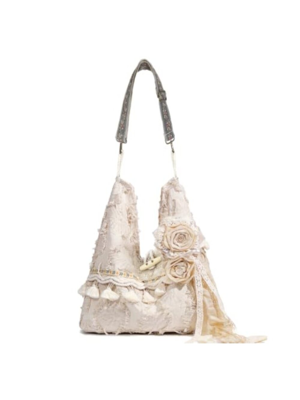 Boho Hobo Handbag w/ Guitar Strap & Flower Clips Fringe Tassel